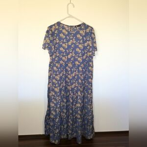PRETTYGARDEN Blue Floral Tiered Boho Maxi Dress Women's Size Medium Cottagecore